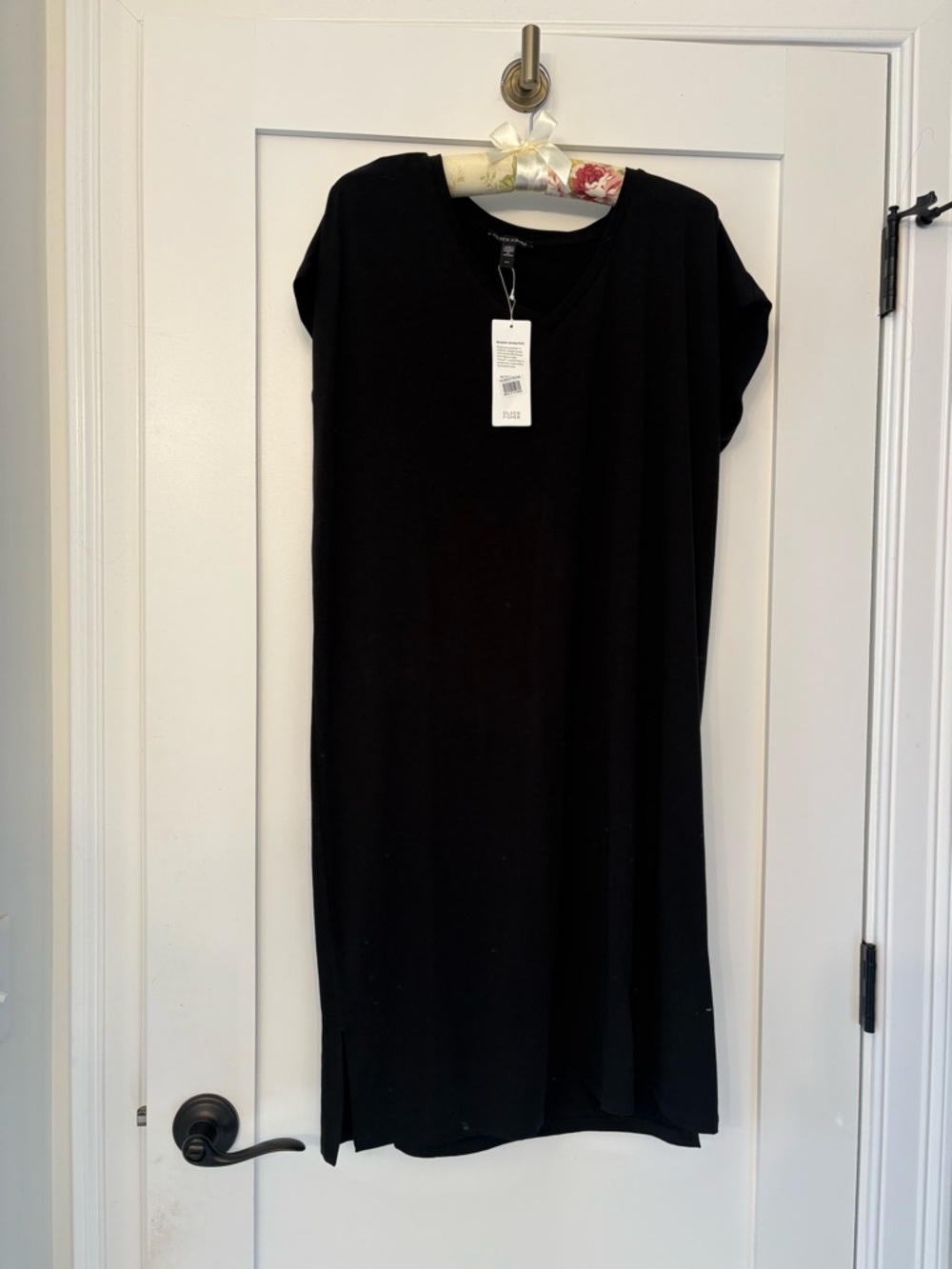 Eileen Fisher Black V-Neck Midi Shift Dress NWT